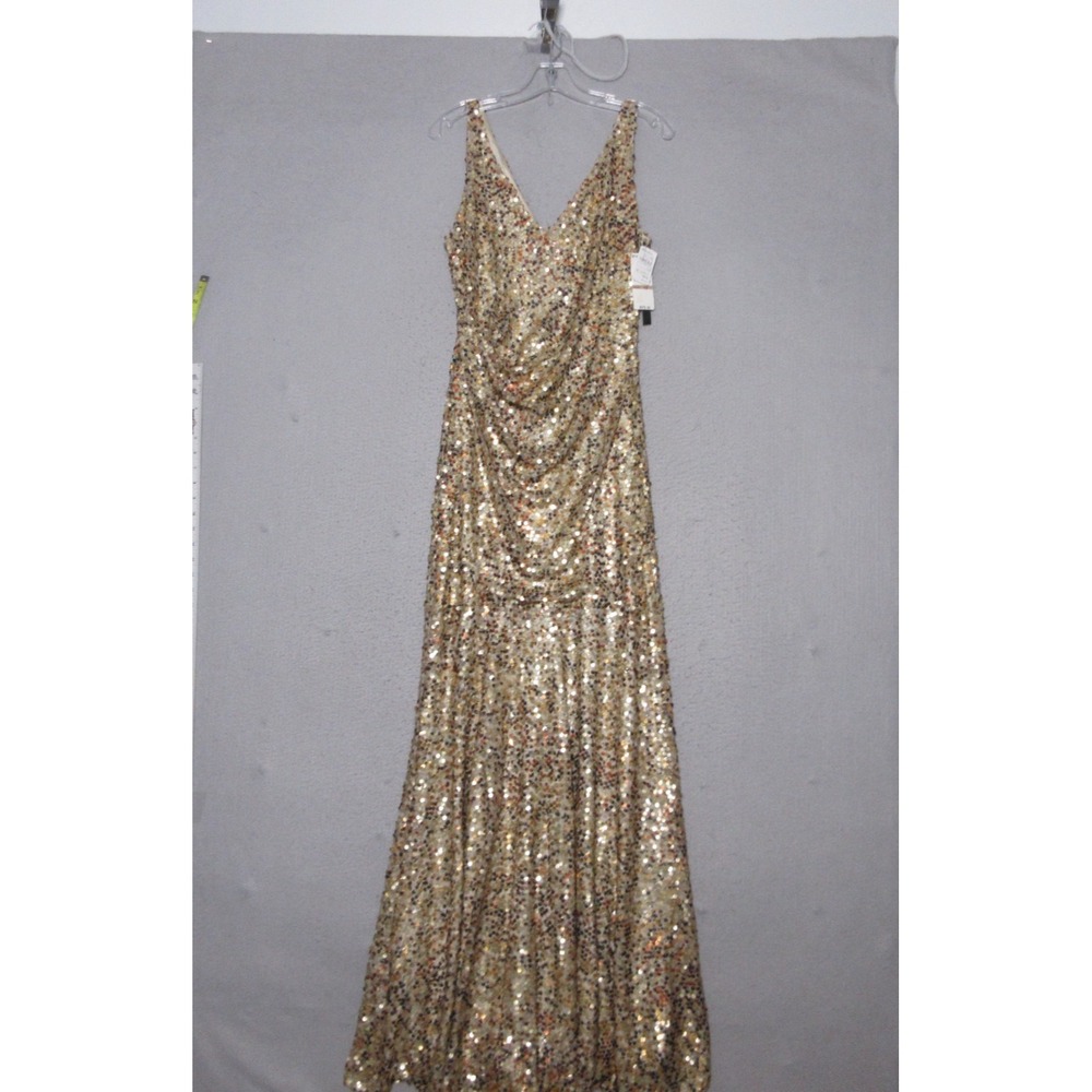 David Meister Dress 12‎ Sequin Gold Maxi Statement Party Cocktail Ruche USA NWT